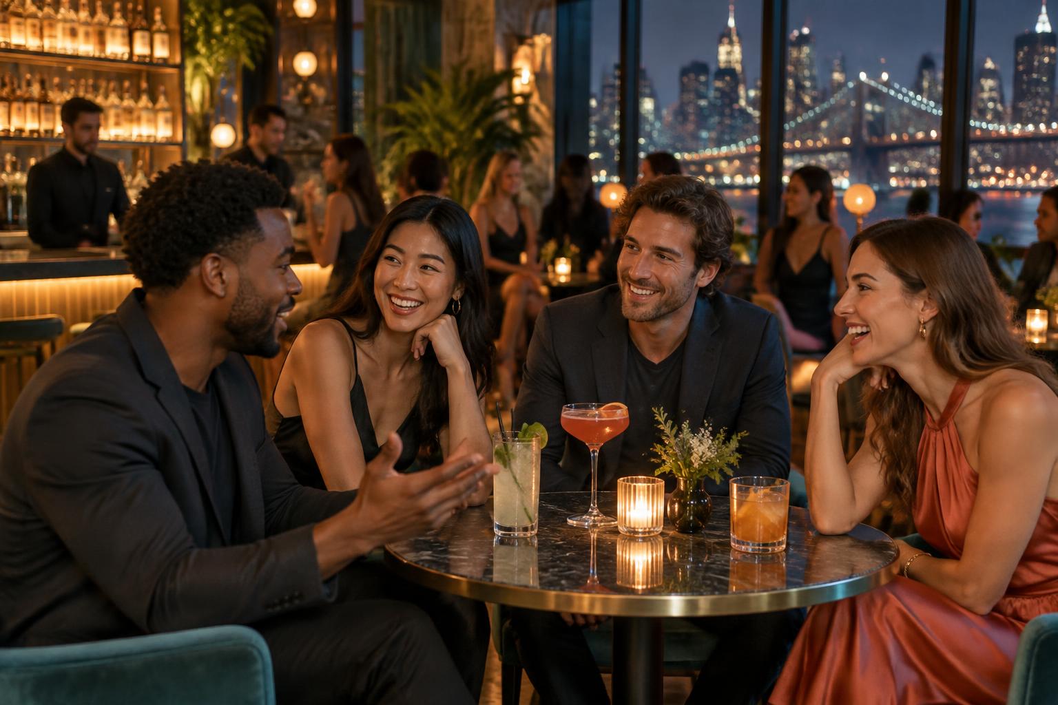 A group of friends enjoying a conversation at a public bar