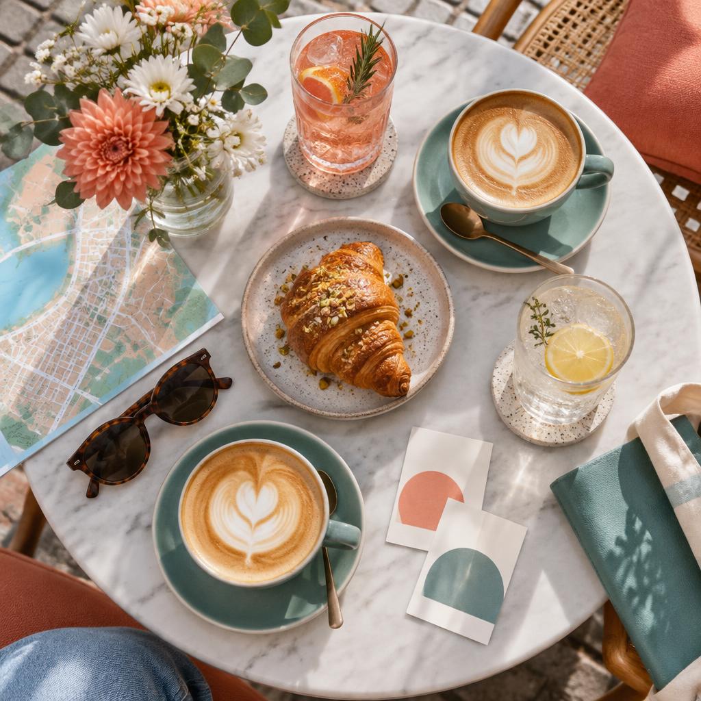Coffee, drinks, and a map arranged on a cafe table